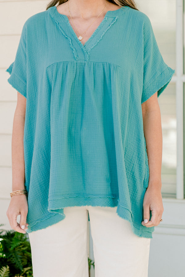 Chic Soul plus size clothing, short sleeve dusty teal gauze top with v neckline and raw cut on sleeves and bottom with light distressing