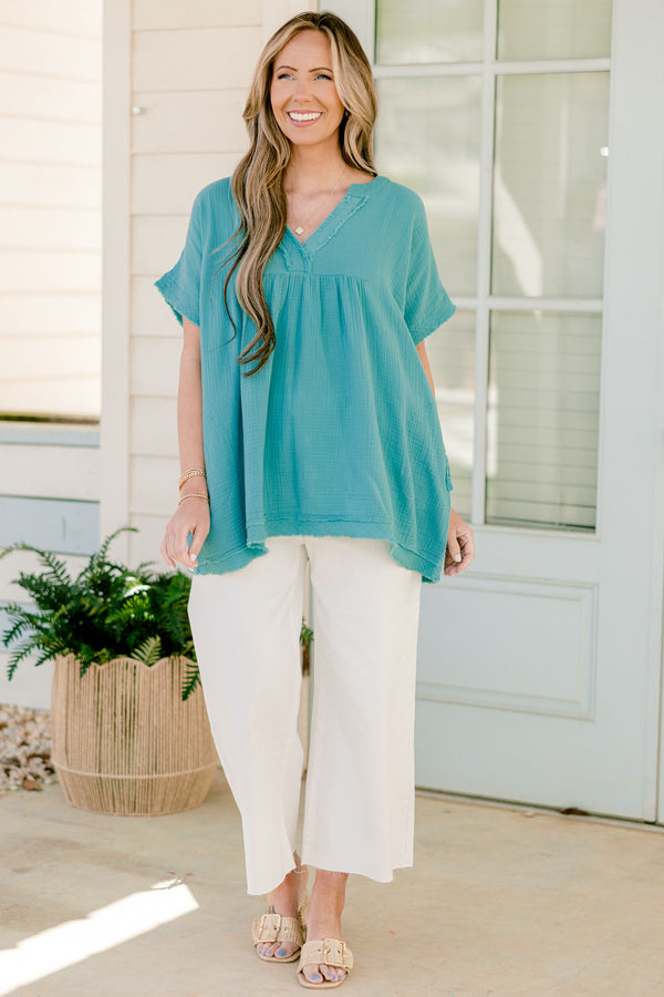 Chic Soul plus size clothing, short sleeve dusty teal gauze top with v neckline and raw cut on sleeves and bottom with light distressing