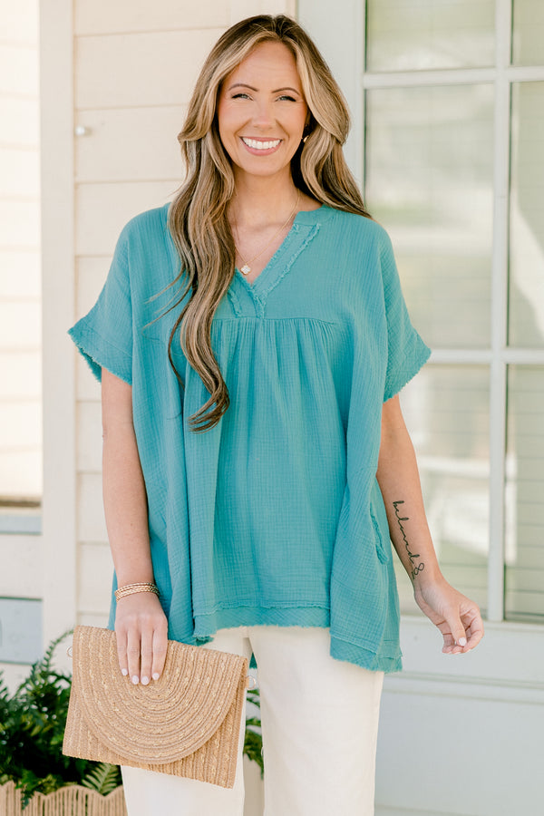 Chic Soul plus size clothing, short sleeve dusty teal gauze top with v neckline and raw cut on sleeves and bottom with light distressing