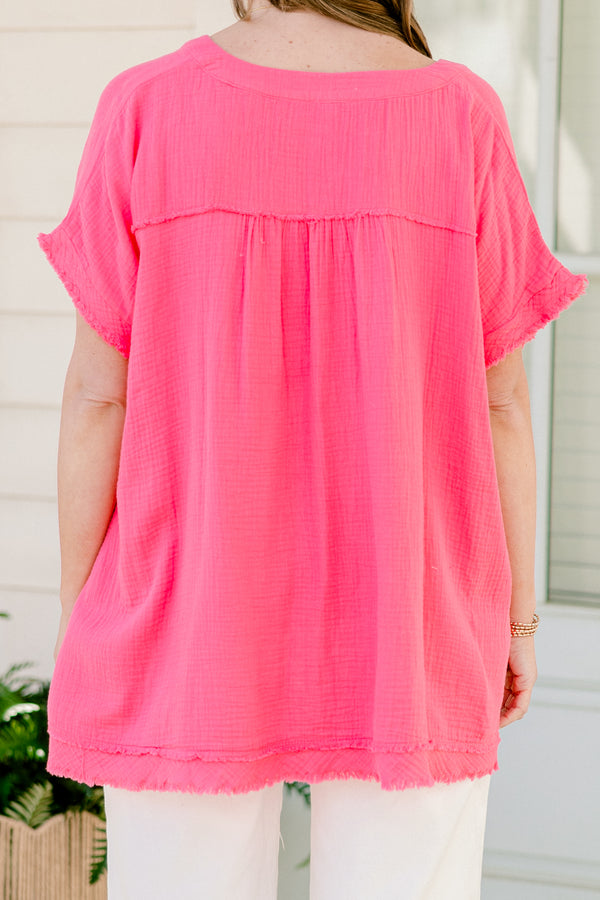 Chic Soul plus size clothing, fuchsia short sleeve gauze material top with v neckline and raw hem distressing along the bottom, sleeves, and neckline
