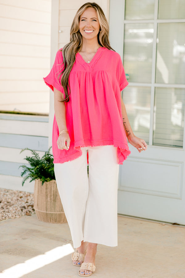 Chic Soul plus size clothing, fuchsia short sleeve gauze material top with v neckline and raw hem distressing along the bottom, sleeves, and neckline
