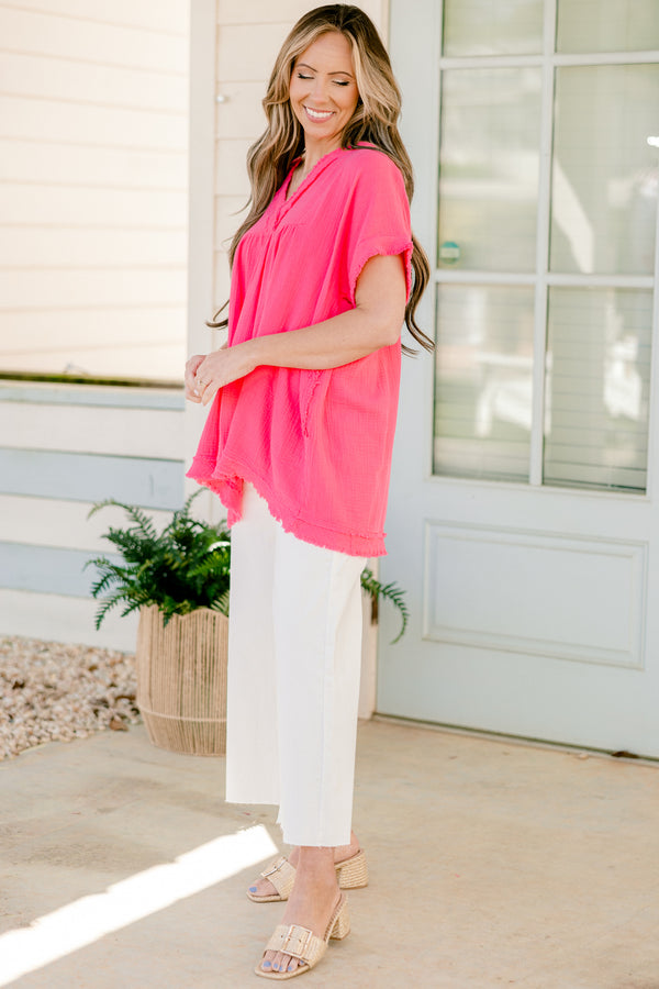 Chic Soul plus size clothing, fuchsia short sleeve gauze material top with v neckline and raw hem distressing along the bottom, sleeves, and neckline
