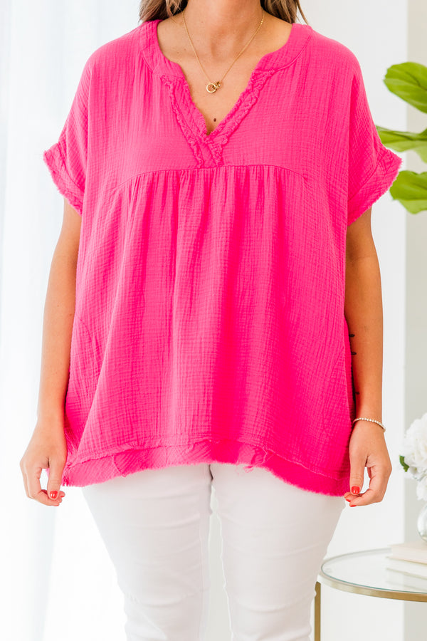 Chic Soul plus size clothing, short sleeve hot pink top with v neckline and pocket detail with cuff sleeves