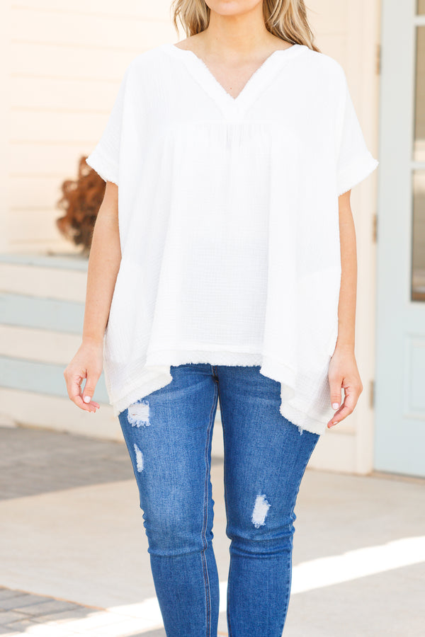 Chic Soul plus size clothing, ivory textured top with frayed neckline and hemline