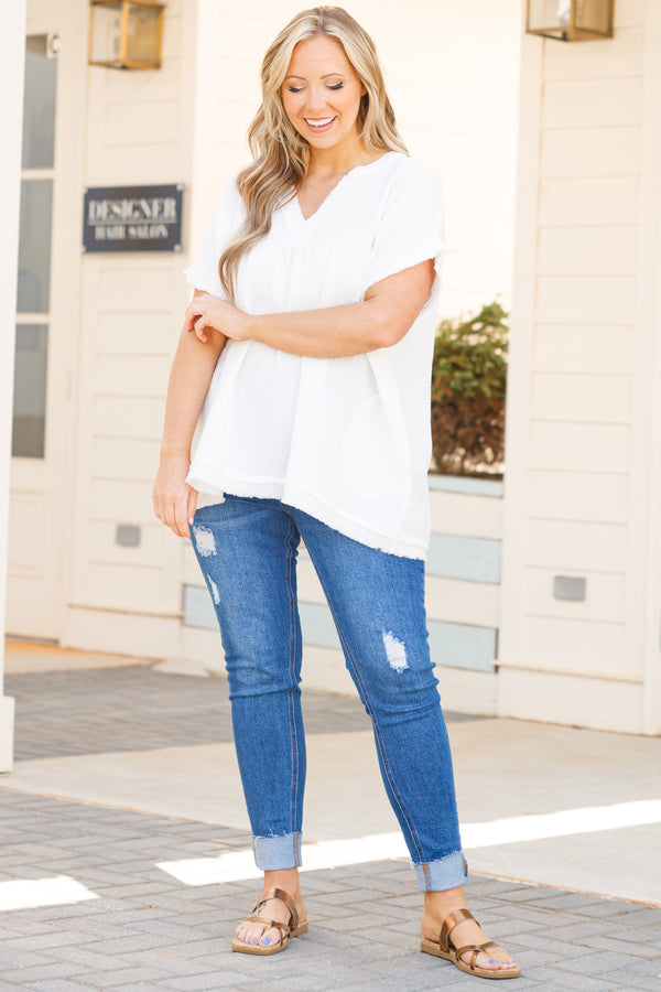 Chic Soul plus size clothing, ivory textured top with frayed neckline and hemline