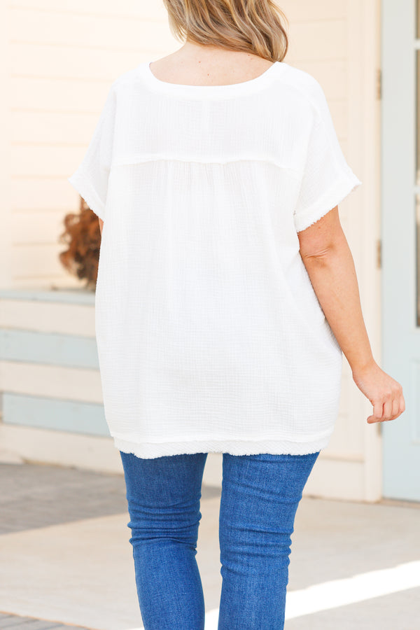 Chic Soul plus size clothing, ivory textured top with frayed neckline and hemline