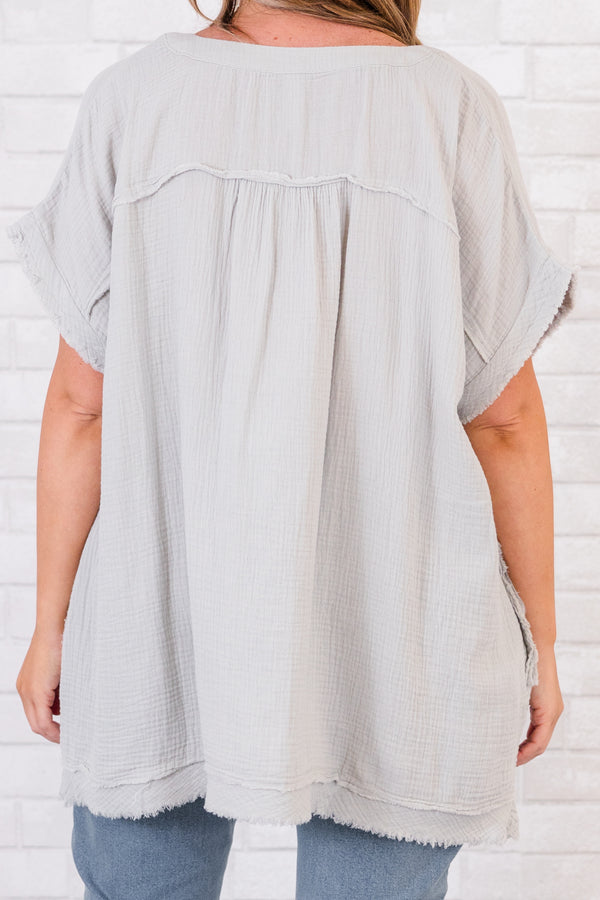 Chic Soul plus size clothing, short-sleeve distressed light cement grey top with v-neckline 
