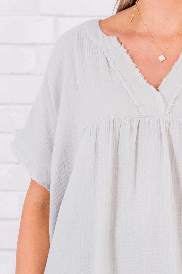 Chic Soul plus size clothing, short-sleeve distressed light cement grey top with v-neckline 
