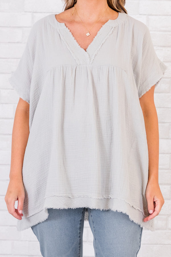 Chic Soul plus size clothing, short-sleeve distressed light cement grey top with v-neckline 