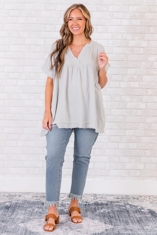 Chic Soul plus size clothing, short-sleeve distressed light cement grey top with v-neckline 