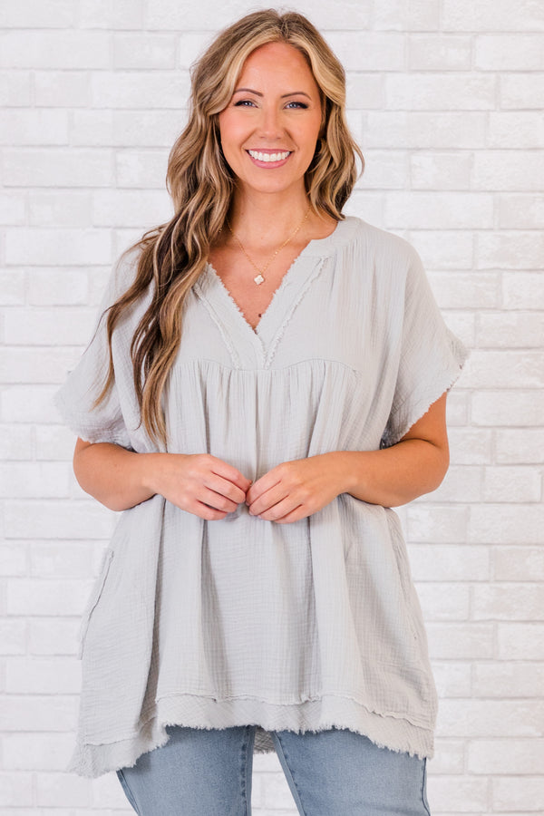 Chic Soul plus size clothing, short-sleeve distressed light cement grey top with v-neckline 