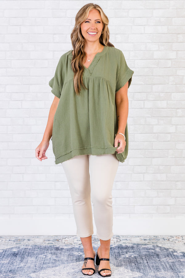 Chic Soul plus size clothing, short-sleeve distressed light olive green top with v-neckline and distressed stitching 