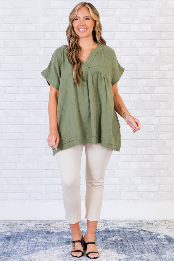 Chic Soul plus size clothing, short-sleeve distressed light olive green top with v-neckline and distressed stitching 