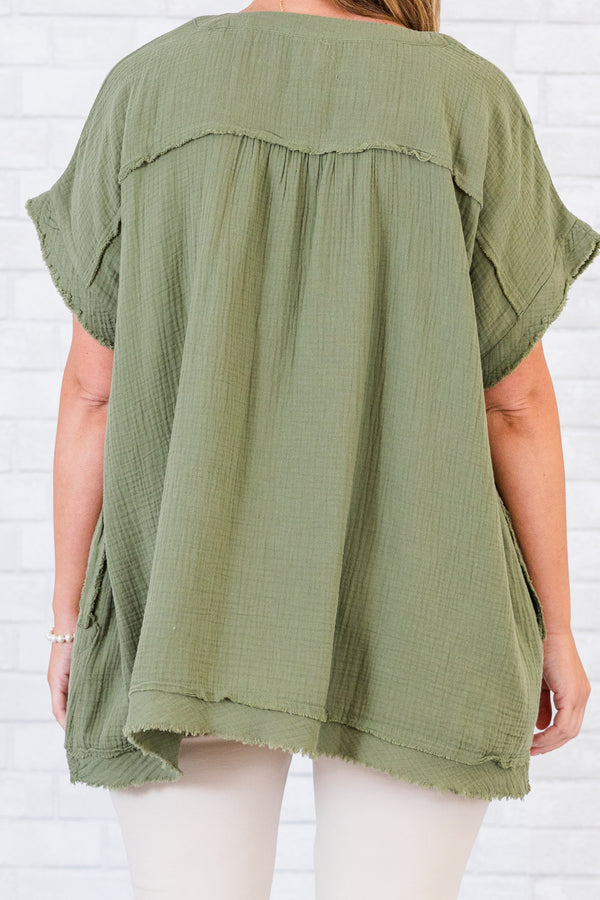 Chic Soul plus size clothing, short-sleeve distressed light olive green top with v-neckline and distressed stitching 