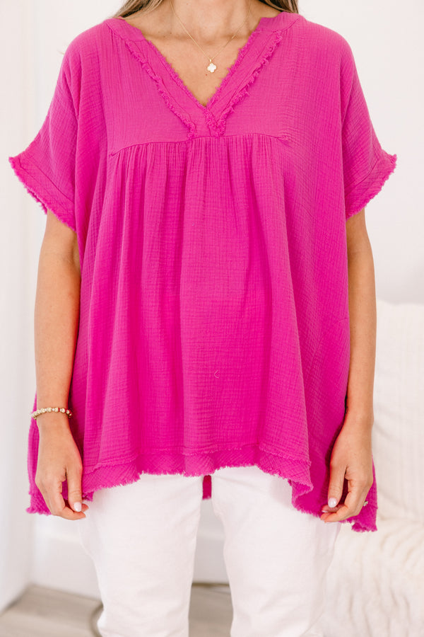 Chic Soul plus size clothing, neon hot pink short sleeve top with v neckline and distressed raw hem along bottom and sleeves