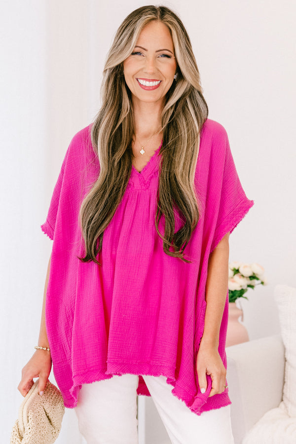 Chic Soul plus size clothing, neon hot pink short sleeve top with v neckline and distressed raw hem along bottom and sleeves