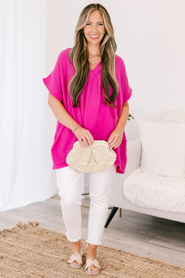 Chic Soul plus size clothing, neon hot pink short sleeve top with v neckline and distressed raw hem along bottom and sleeves