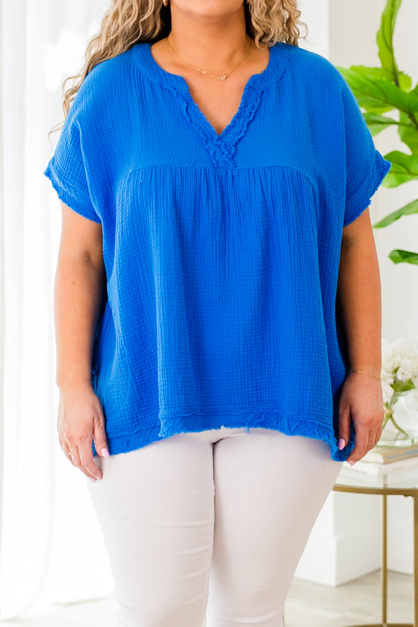 Chic Soul plus size clothing, short sleeve distressed ocean blue top with v-neckline