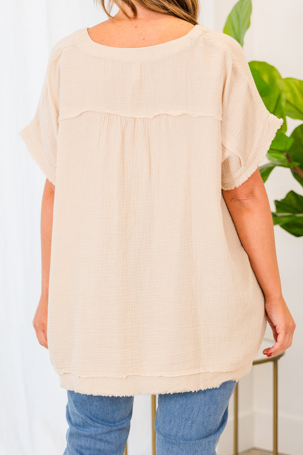 Chic Soul plus size clothing, short sleeve sand beige top with distressed details and v-neckline