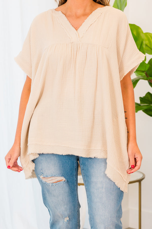 Chic Soul plus size clothing, short sleeve sand beige top with distressed details and v-neckline