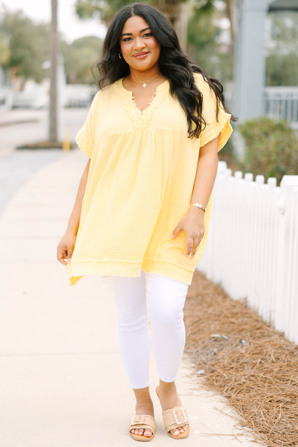 Chic Soul plus size clothing, yellow babydoll style top with frayed hemline