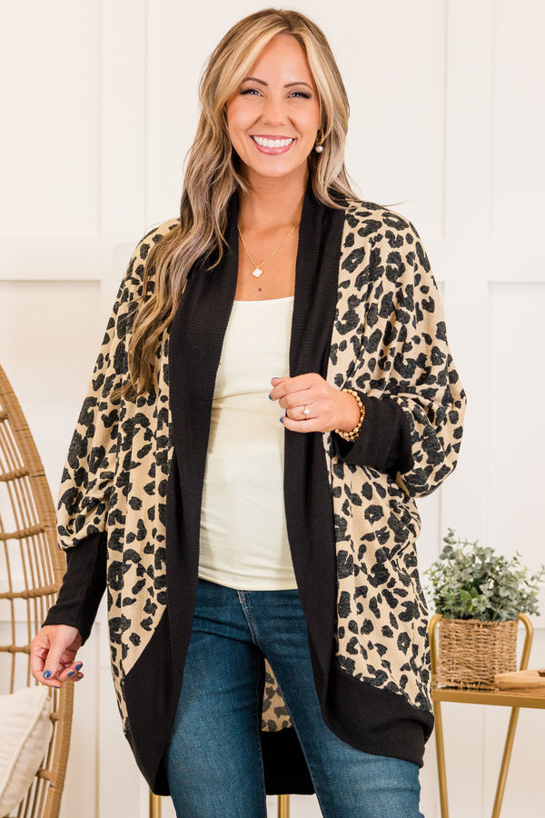 Chic Soul plus size clothing, long-sleeve mocha brown cardigan with leopard print and black color-block lining along seams and sleeves