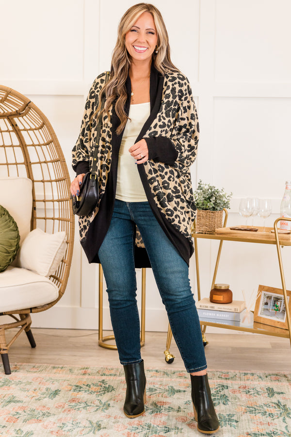 Chic Soul plus size clothing, long-sleeve mocha brown cardigan with leopard print and black color-block lining along seams and sleeves