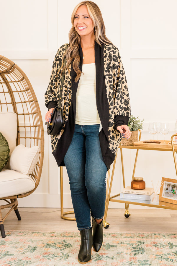 Chic Soul plus size clothing, long-sleeve mocha brown cardigan with leopard print and black color-block lining along seams and sleeves