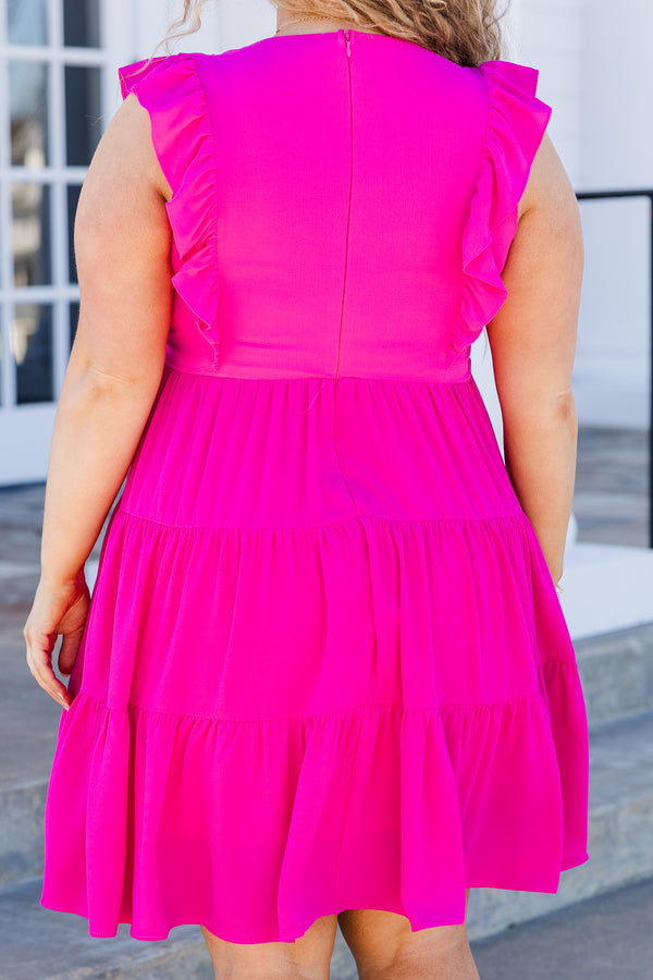 Chic Soul plus size clothing, sleeveless ruffled magenta pink dress with v-neckline and ruffled sleeve details