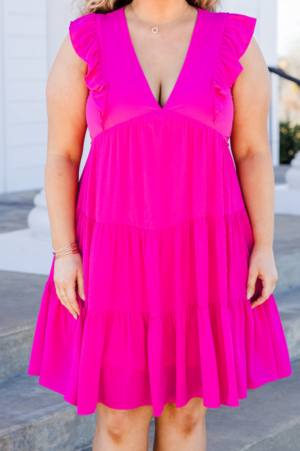 Chic Soul plus size clothing, sleeveless ruffled magenta pink dress with v-neckline and ruffled sleeve details