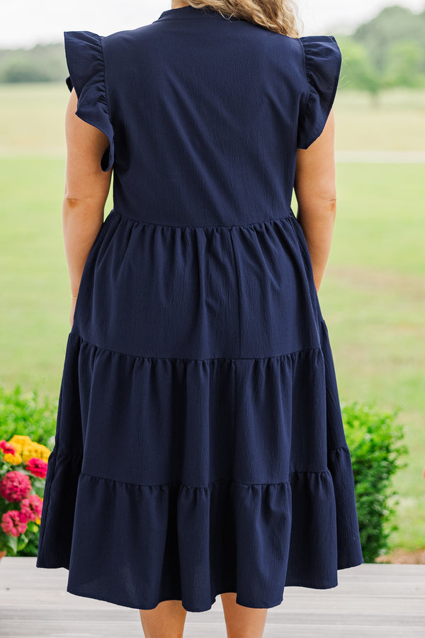 Chic Soul plus size clothing, short sleeve ruffled navy midi dress with deep-neckline