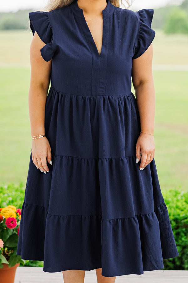Chic Soul plus size clothing, short sleeve ruffled navy midi dress with deep-neckline