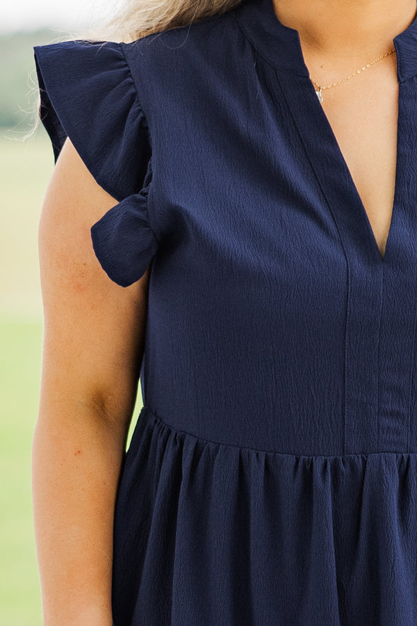 Chic Soul plus size clothing, short sleeve ruffled navy midi dress with deep-neckline