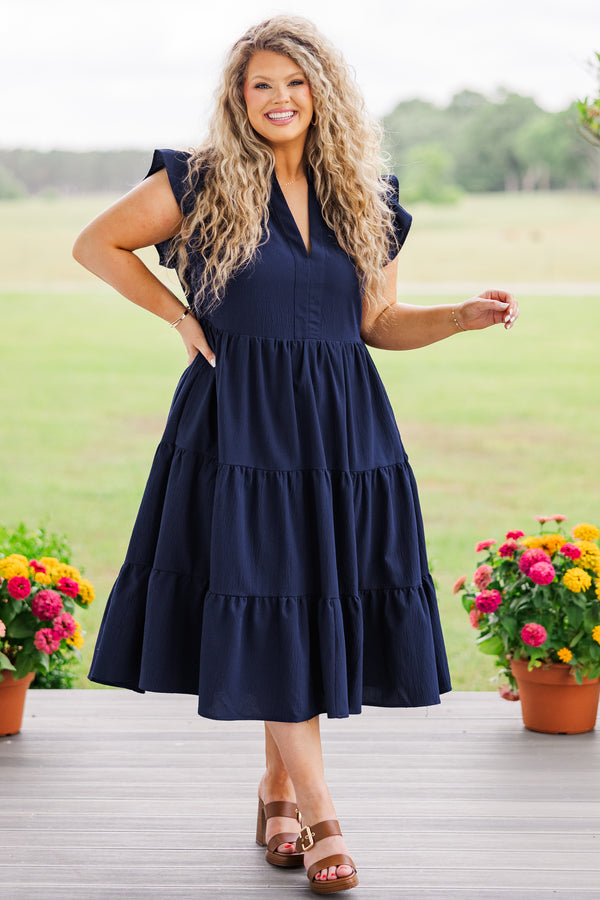 Chic Soul plus size clothing, short sleeve ruffled navy midi dress with deep-neckline