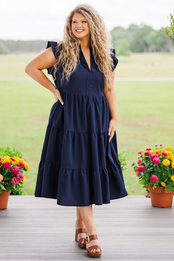 Chic Soul plus size clothing, short sleeve ruffled navy midi dress with deep-neckline