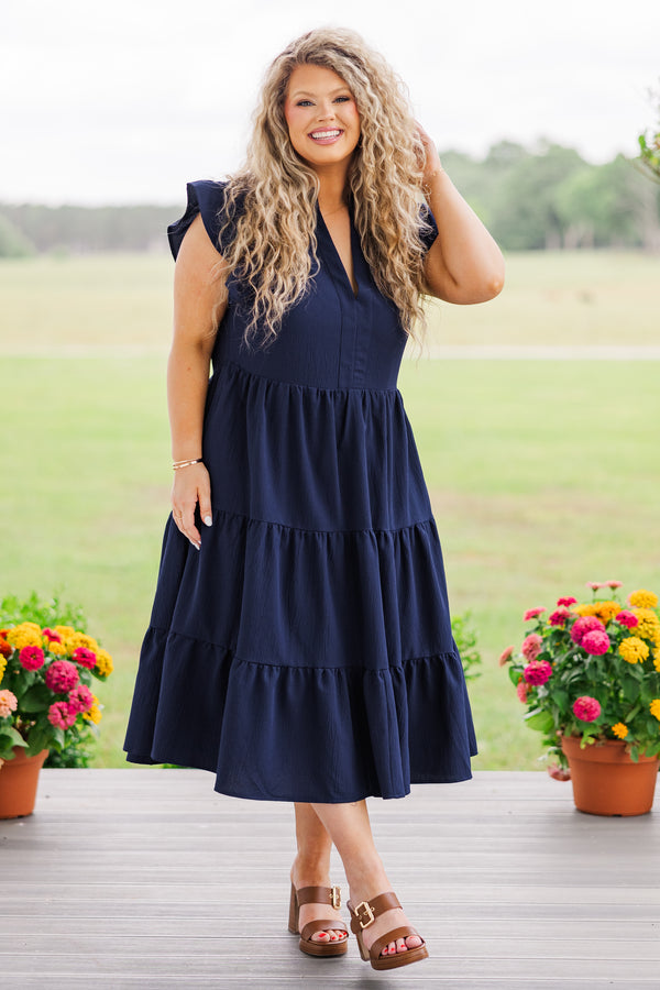 Chic Soul plus size clothing, short sleeve ruffled navy midi dress with deep-neckline