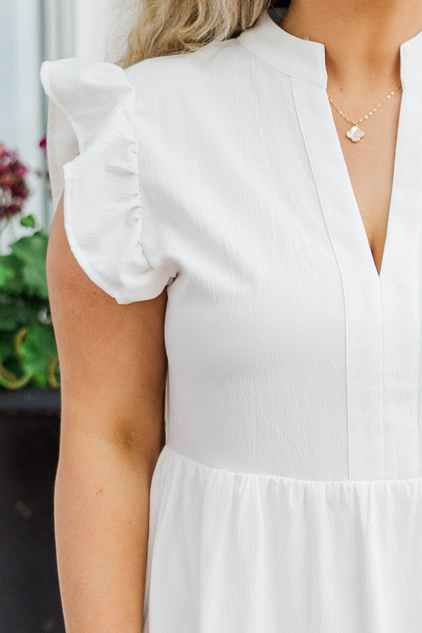Chic Soul plus size clothing, white ruffled midi dress with ruffled short sleeves and high-neckline with a deep v-neckline
