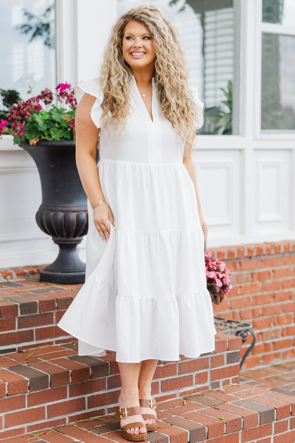 Chic Soul plus size clothing, white ruffled midi dress with ruffled short sleeves and high-neckline with a deep v-neckline