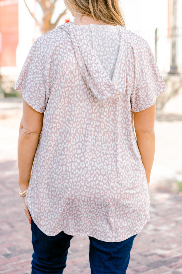 Chic Soul plus size clothing, taupe short sleeve hoddie with a leopard print pattern 