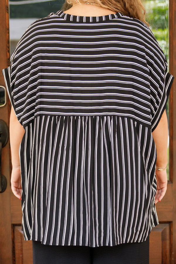 Chic Soul plus size clothing, black and white striped short sleeve top soft material and button detailing