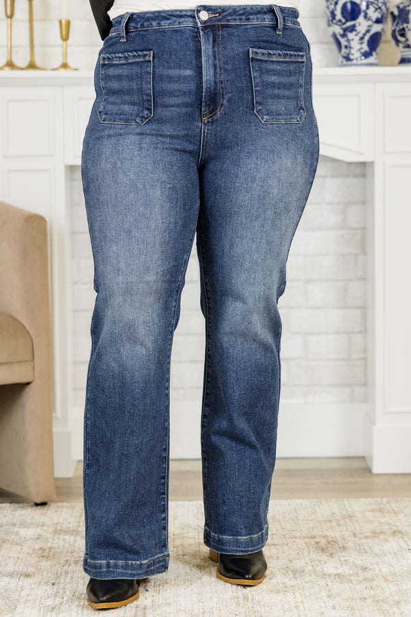 Chic Soul plus size clothing, high-waisted dark wash denim straight-leg jeans with silver-button-detailing 