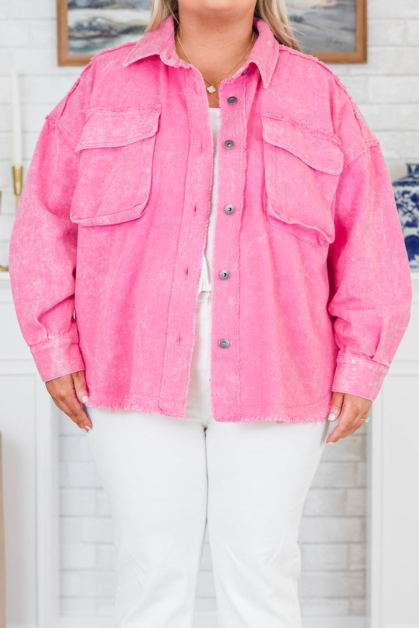 Chic Soul plus size clothing, long-sleeve acid wash pink corduroy collared denim jacket with silver buttons and distressed detailing