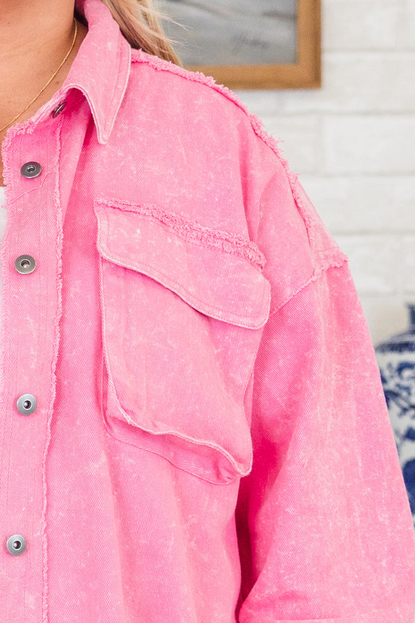 Chic Soul plus size clothing, long-sleeve acid wash pink corduroy collared denim jacket with silver buttons and distressed detailing