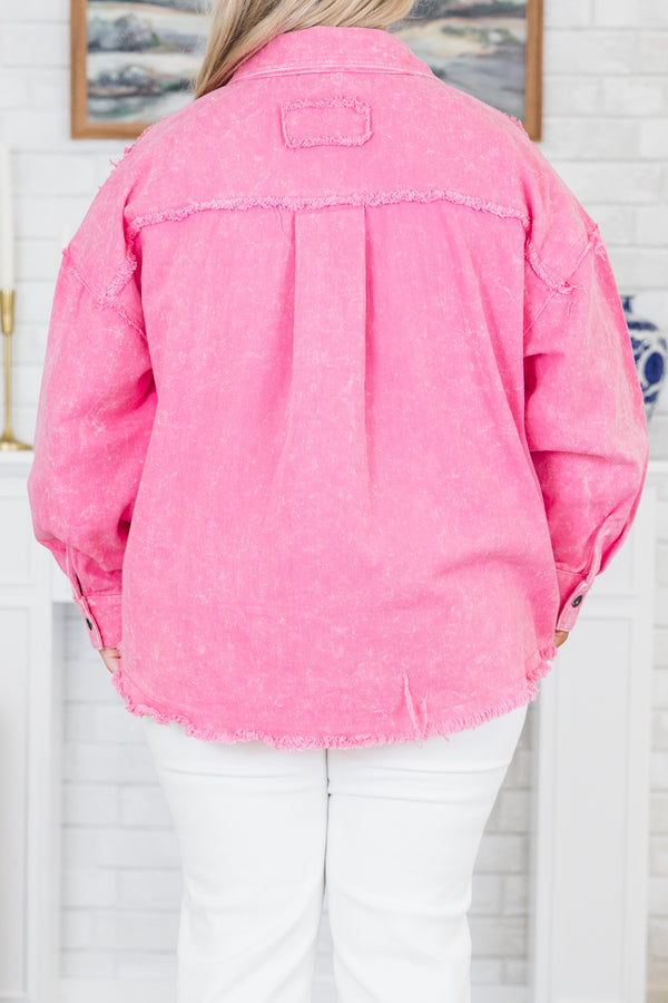 Chic Soul plus size clothing, long-sleeve acid wash pink corduroy collared denim jacket with silver buttons and distressed detailing