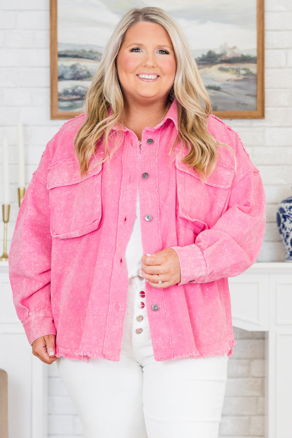 Chic Soul plus size clothing, long-sleeve acid wash pink corduroy collared denim jacket with silver buttons and distressed detailing