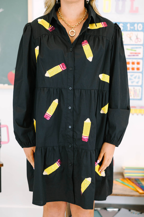 Chic Soul plus size clothing, long-sleeve black ruffled collared button-down baby-doll dress with sequined pencil patches scattered across dress