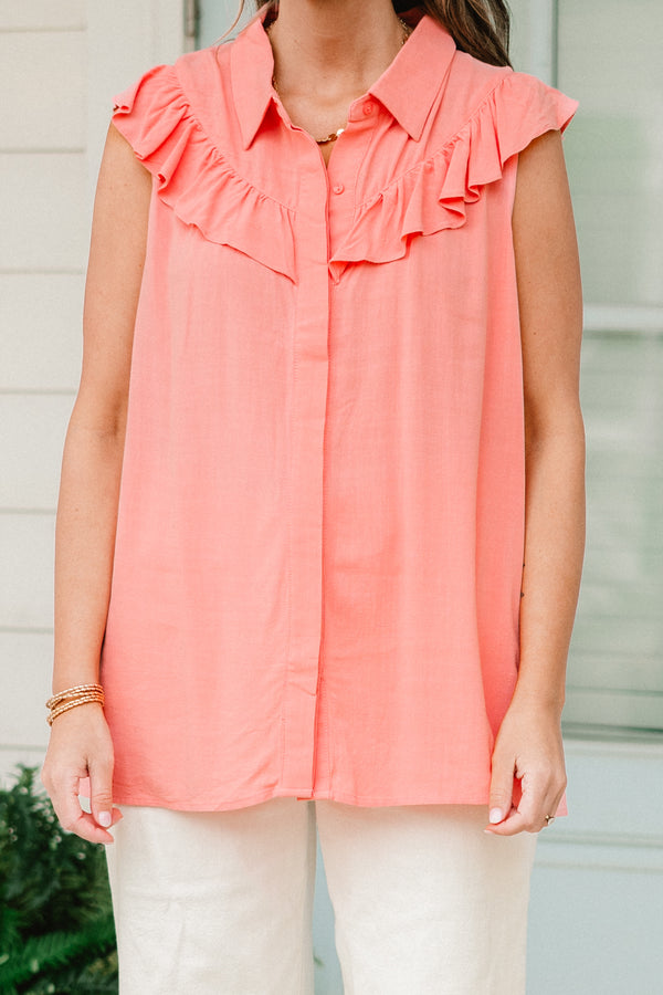 Chic Soul plus size clothing, coral pink tanks top with collar, buttons down the front, and ruffle detailing around the collar and shoulders