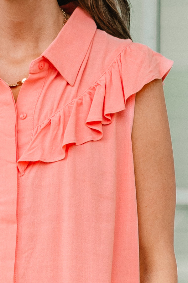 Chic Soul plus size clothing, coral pink tanks top with collar, buttons down the front, and ruffle detailing around the collar and shoulders