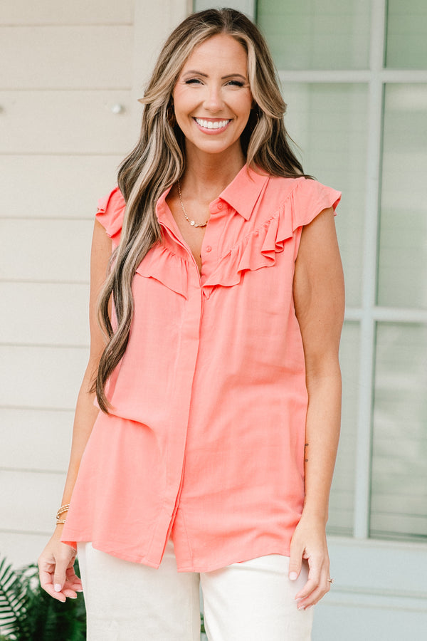 Chic Soul plus size clothing, coral pink tanks top with collar, buttons down the front, and ruffle detailing around the collar and shoulders