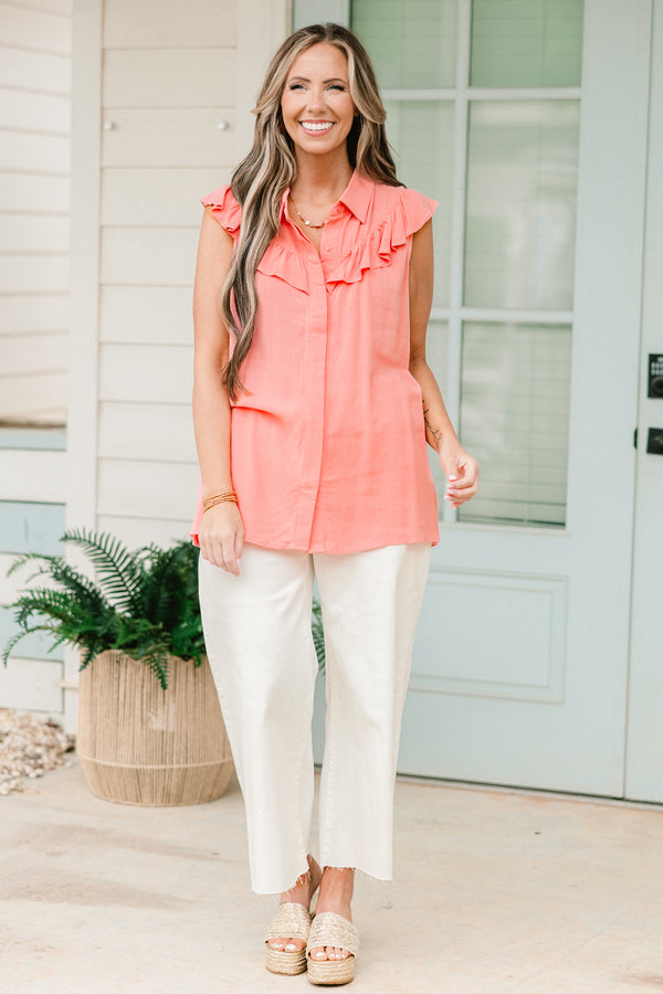 Chic Soul plus size clothing, coral pink tanks top with collar, buttons down the front, and ruffle detailing around the collar and shoulders